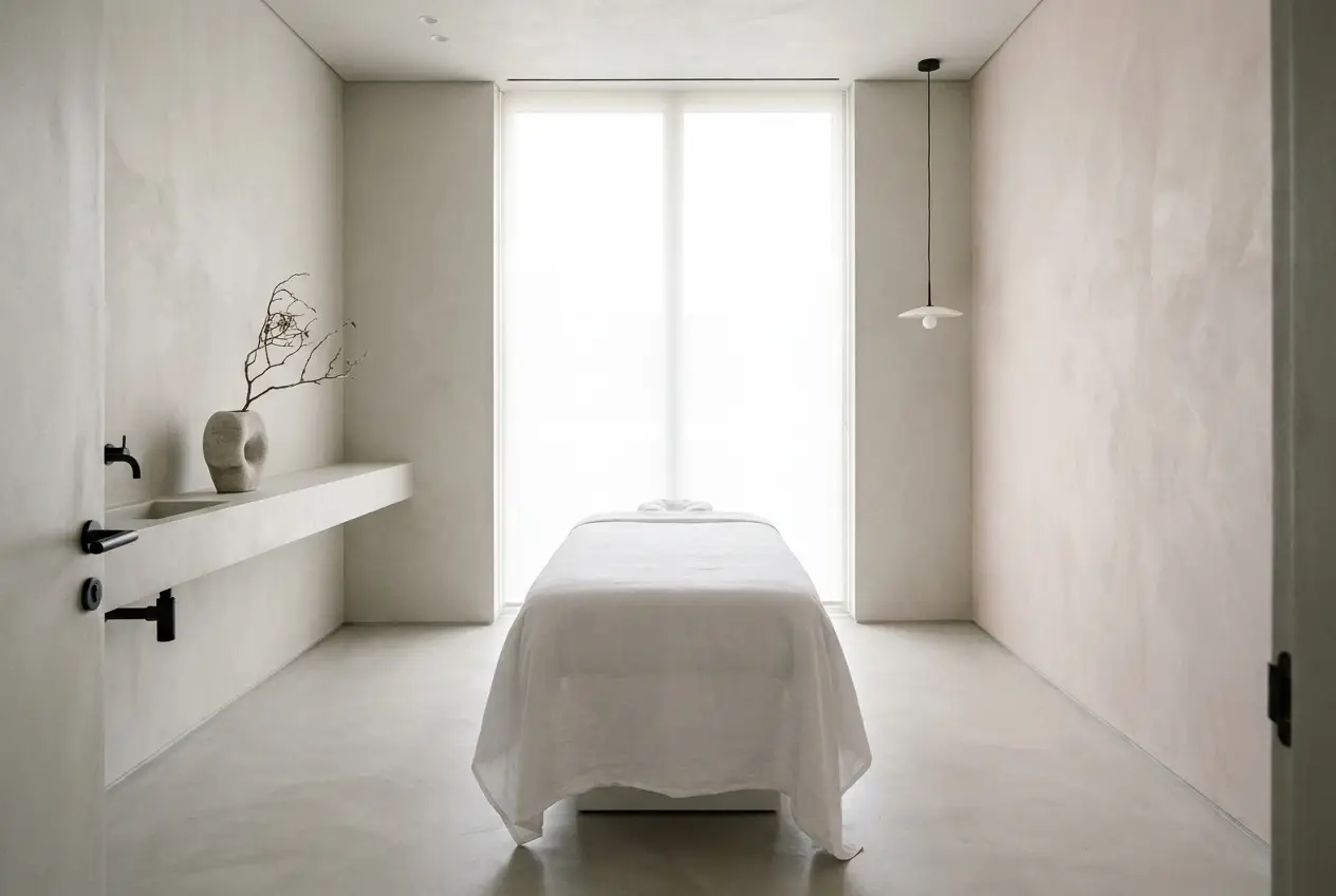 Minimal med spa treatment room in pale greige and blush with soft daylight