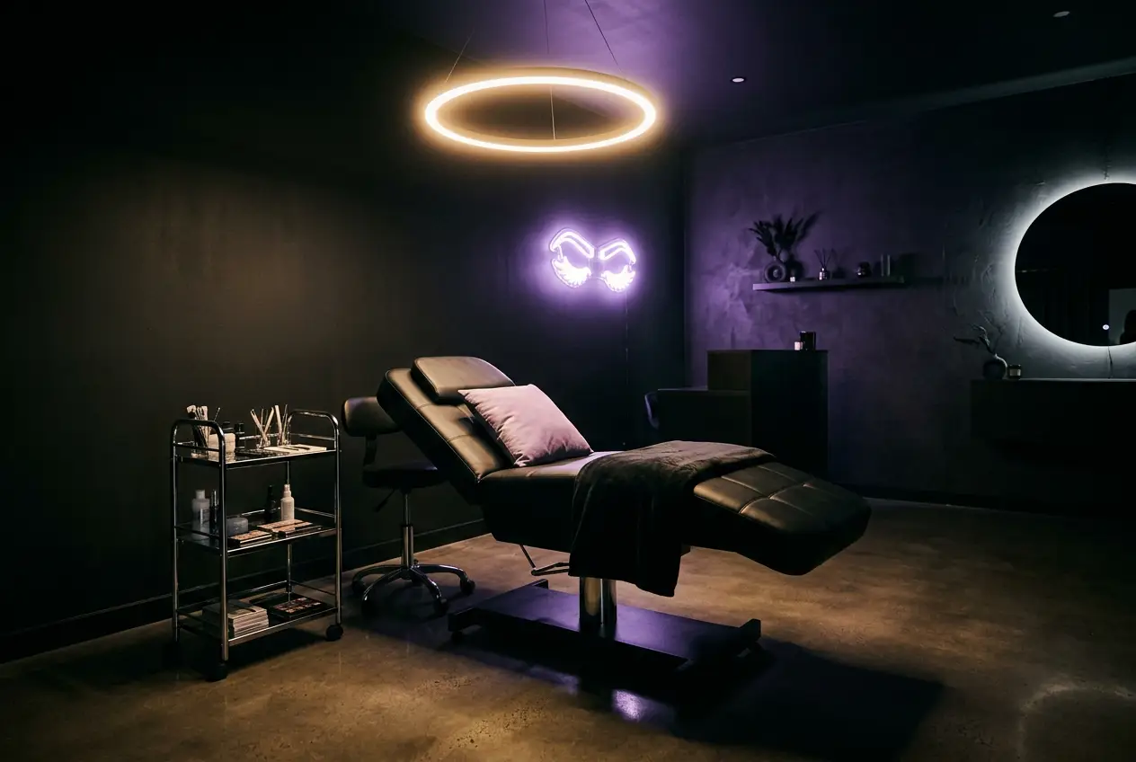 Dark lash studio interior lit by a warm ring light with a lilac neon glow