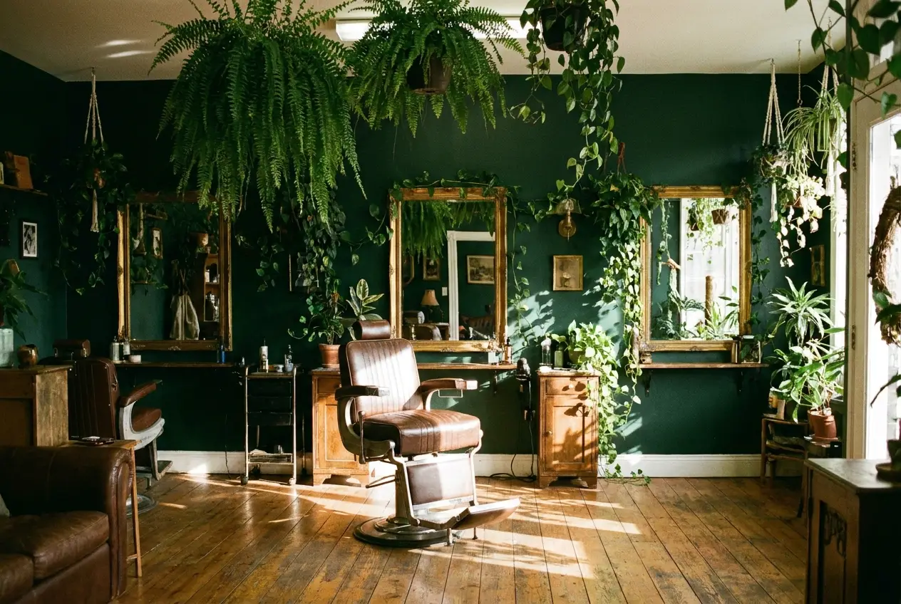 Interior of Sabine & Co., a plant-filled hair salon with deep green walls and brass mirrors