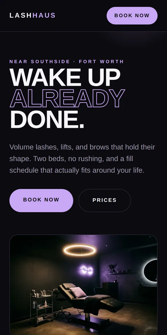 Lash Haus lash studio site on a phone