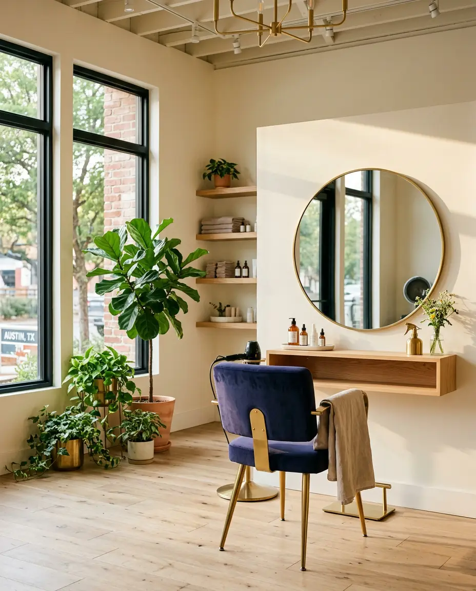 Sunlit boutique salon interior with an indigo velvet styling chair, brass fixtures and a round mirror
